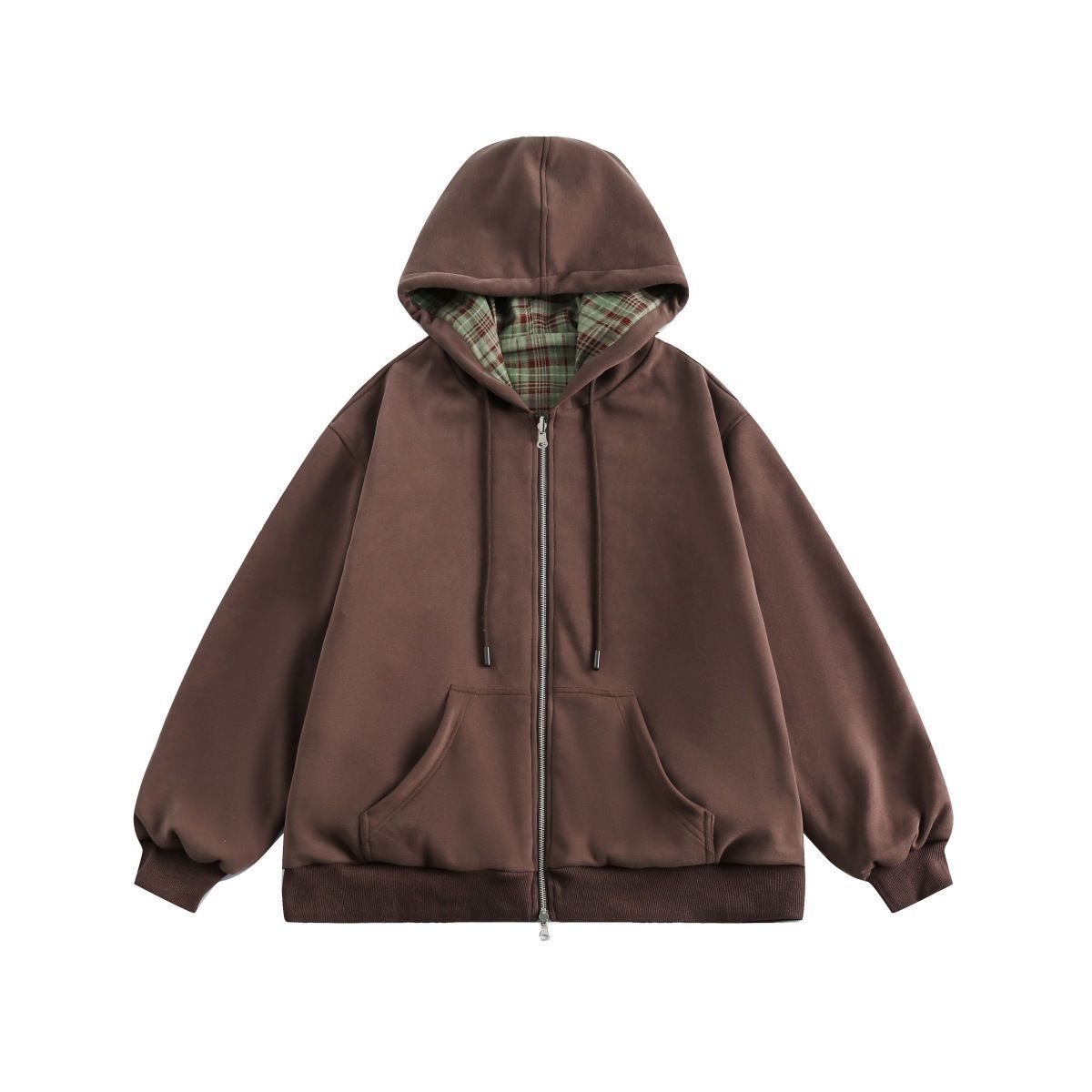 Embroidery Zip Up Hoodie - American Retro Brown Checkered Hooded Sweatshirt