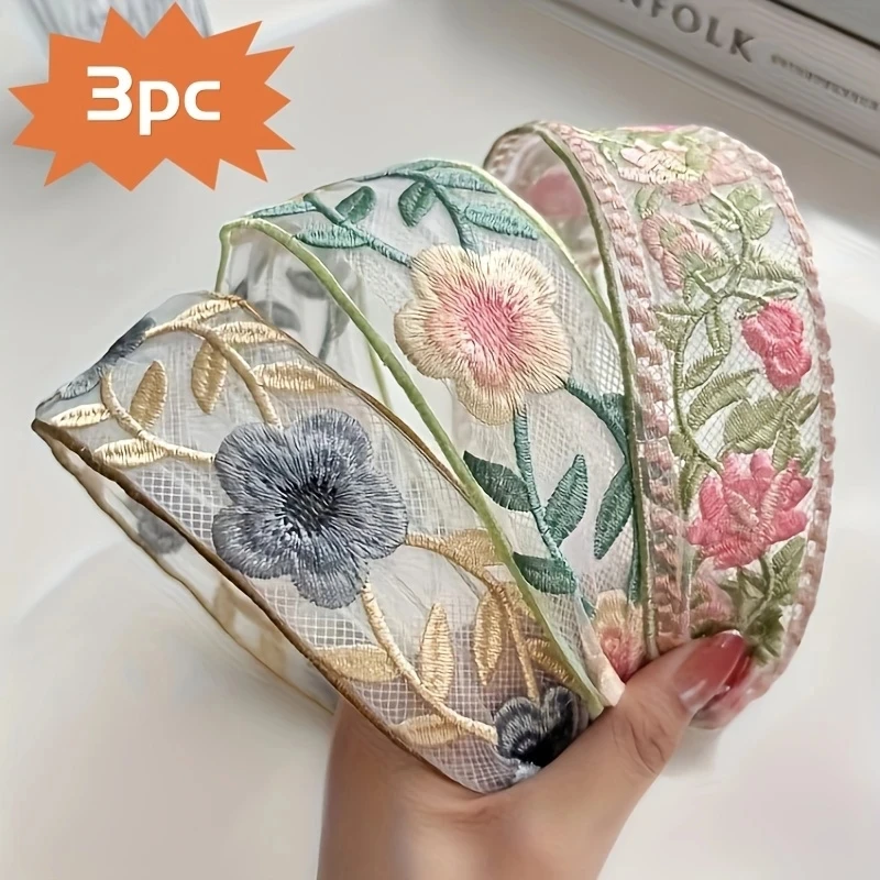 Embroidery Ring - 1/3pcs Elegant Chiffon Embroidery Flower Hairband