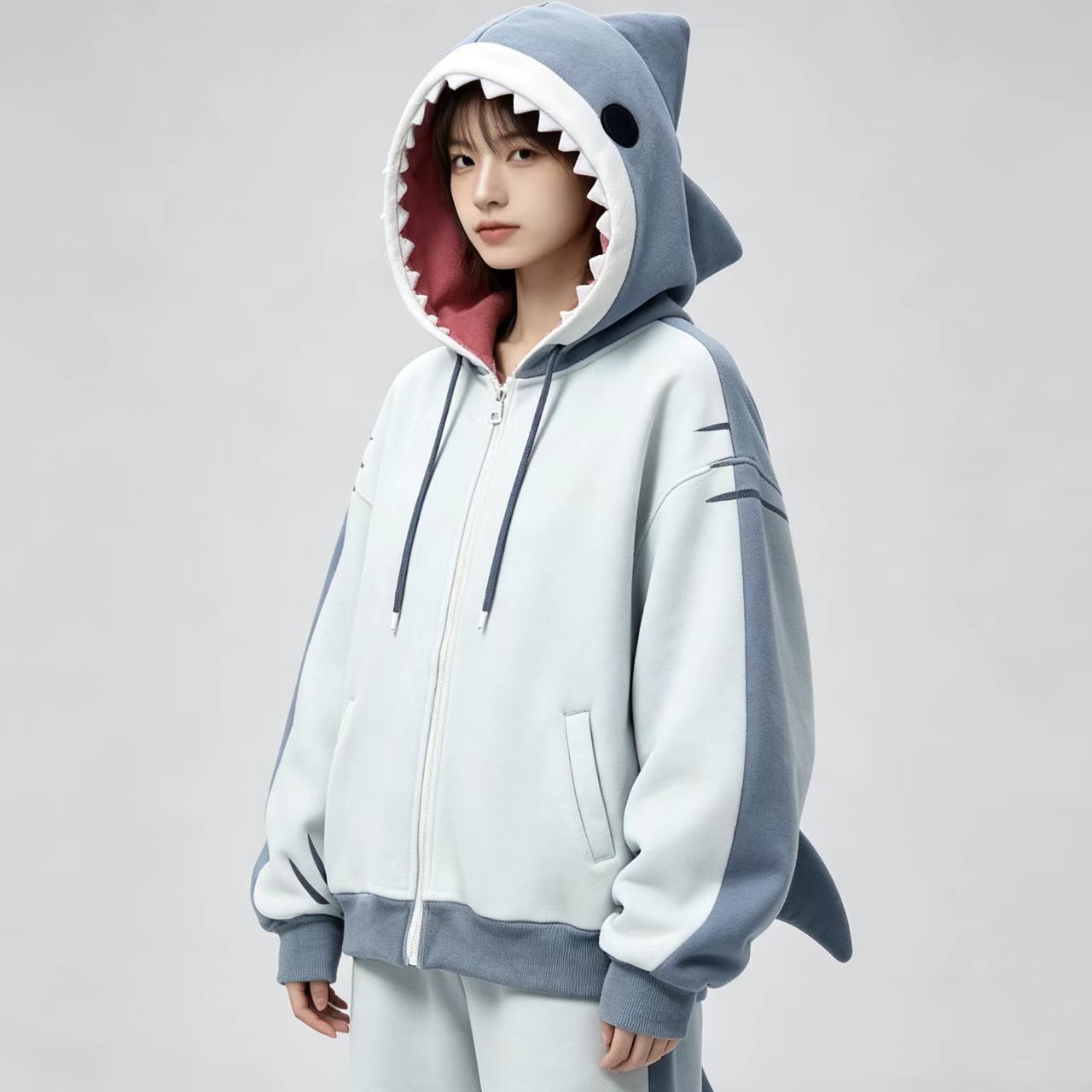 Embroidery Zip Up Hoodie - Japanese Niche Anime Three-Dimensional Shark Shape