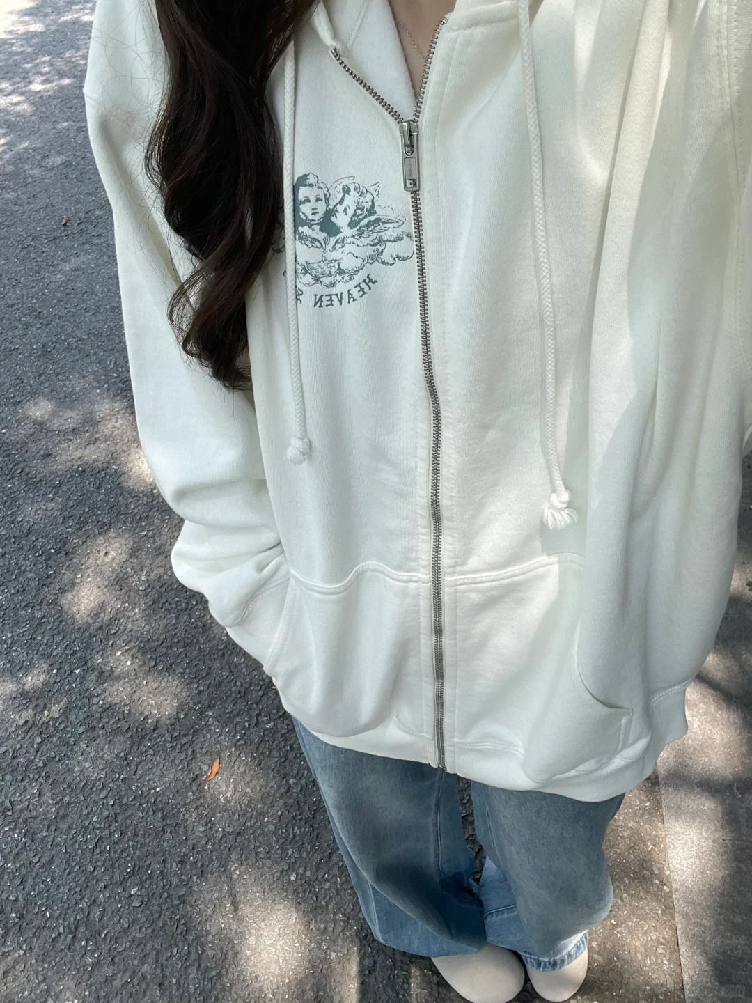 Embroidery Zip Up Hoodie - Pocket Zip-up Sweatshirts Tops Women White
