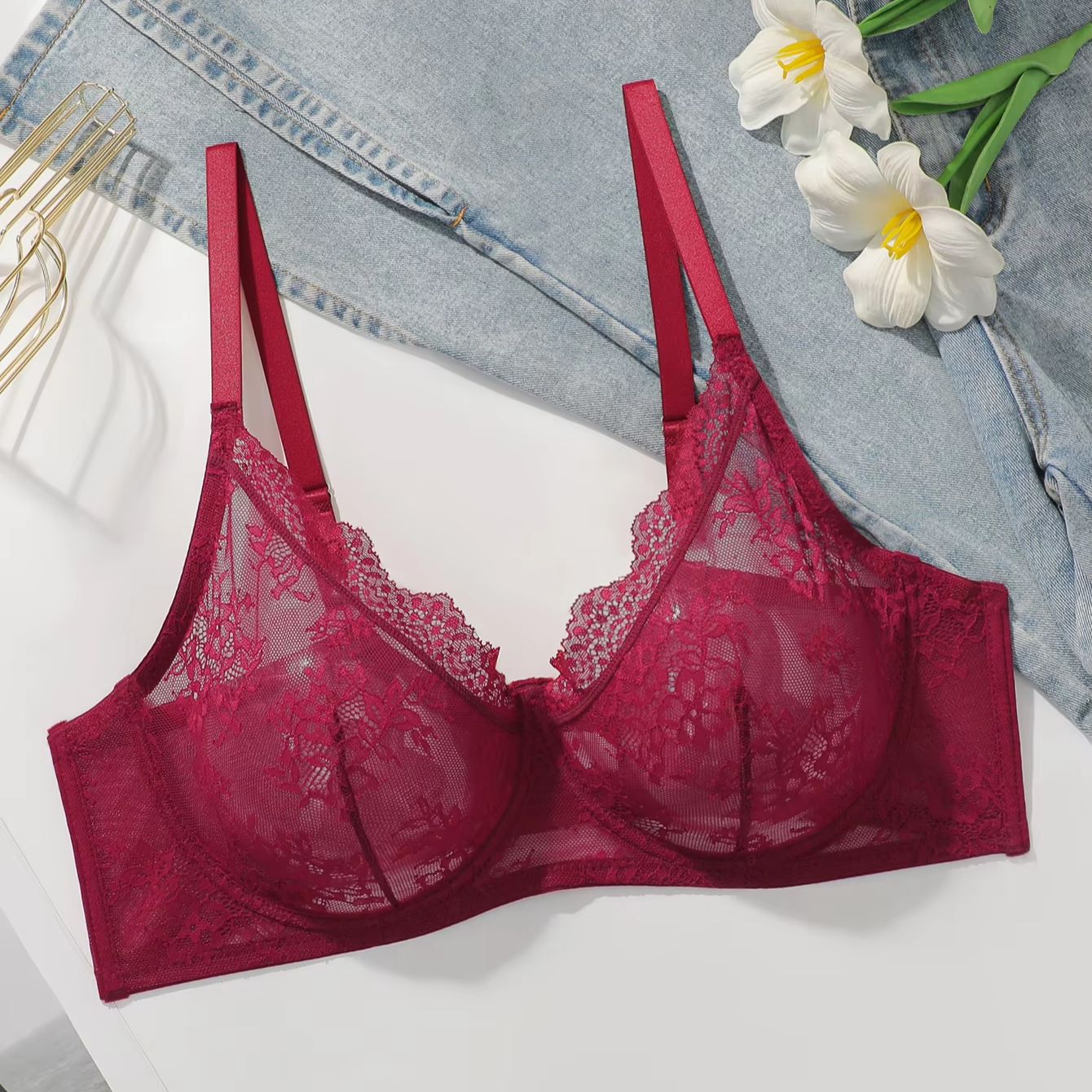 Women Plus Size Red Lace Sheer - Embroidery Red 评论和价格