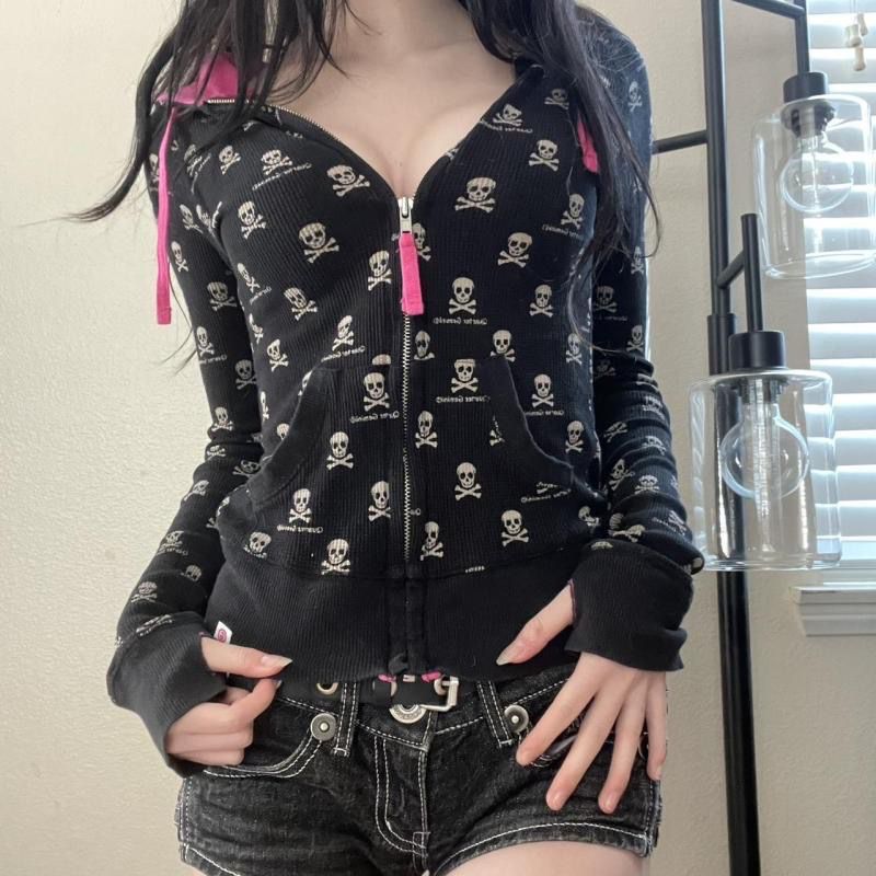 Gothic Skeleton Print Cardigan - Embroidery Zip Up Hoodie 评论和价格