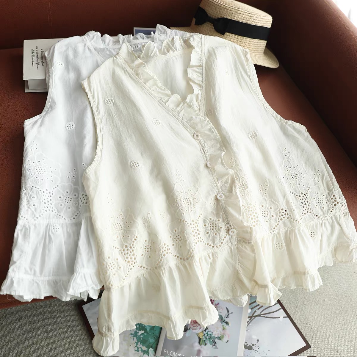 Women Sleeveless Vest Top Ruff - Embroidery Eyelet 评论和价格
