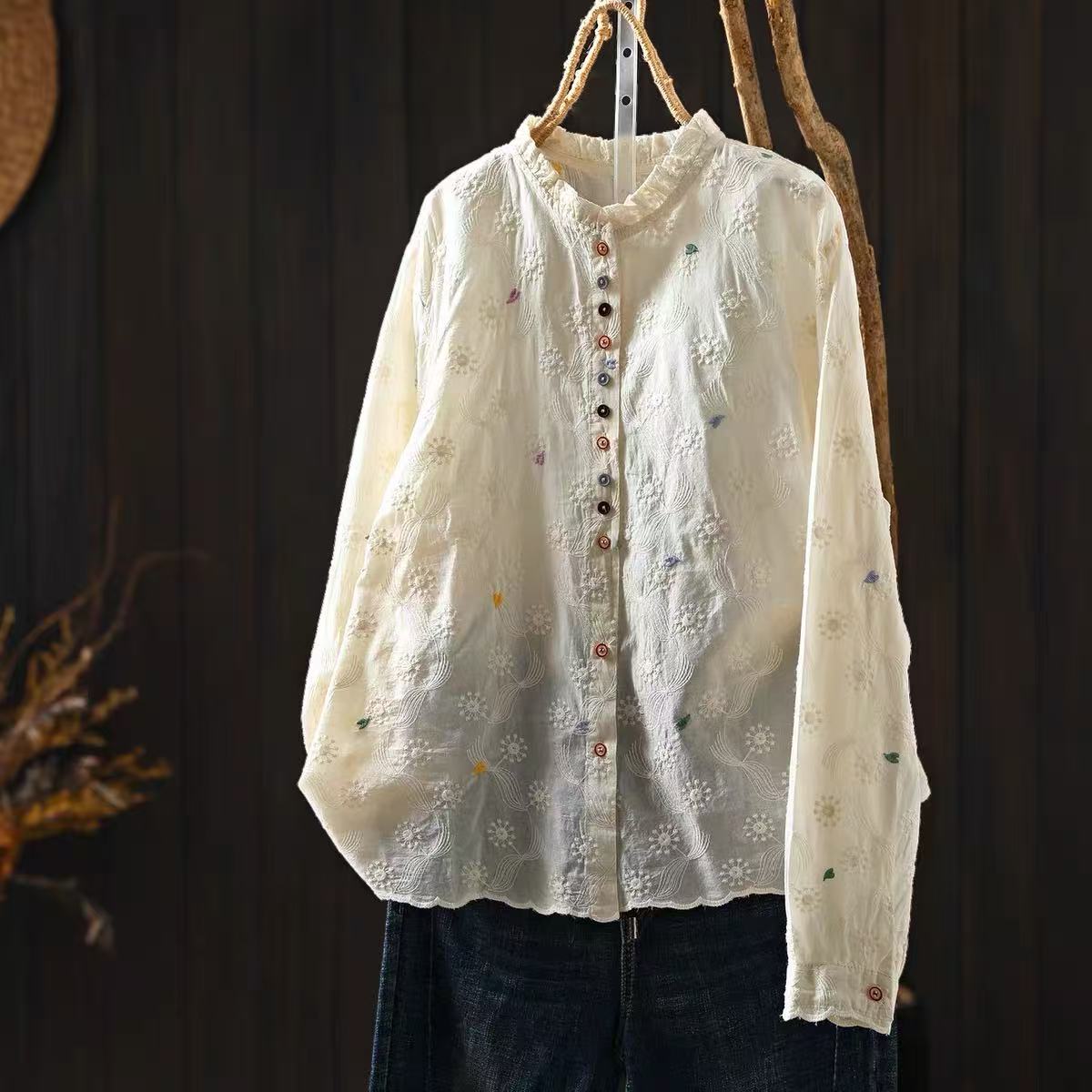 Women Ruffled Stand Collar Blo - Embroidery Eyelet 评论和价格