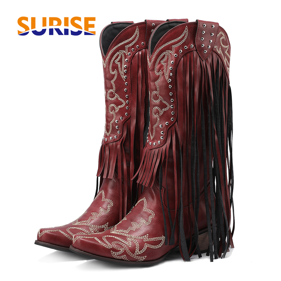 Western Cowboy Mid-calf Boots  - Embroidery Red 评论和价格