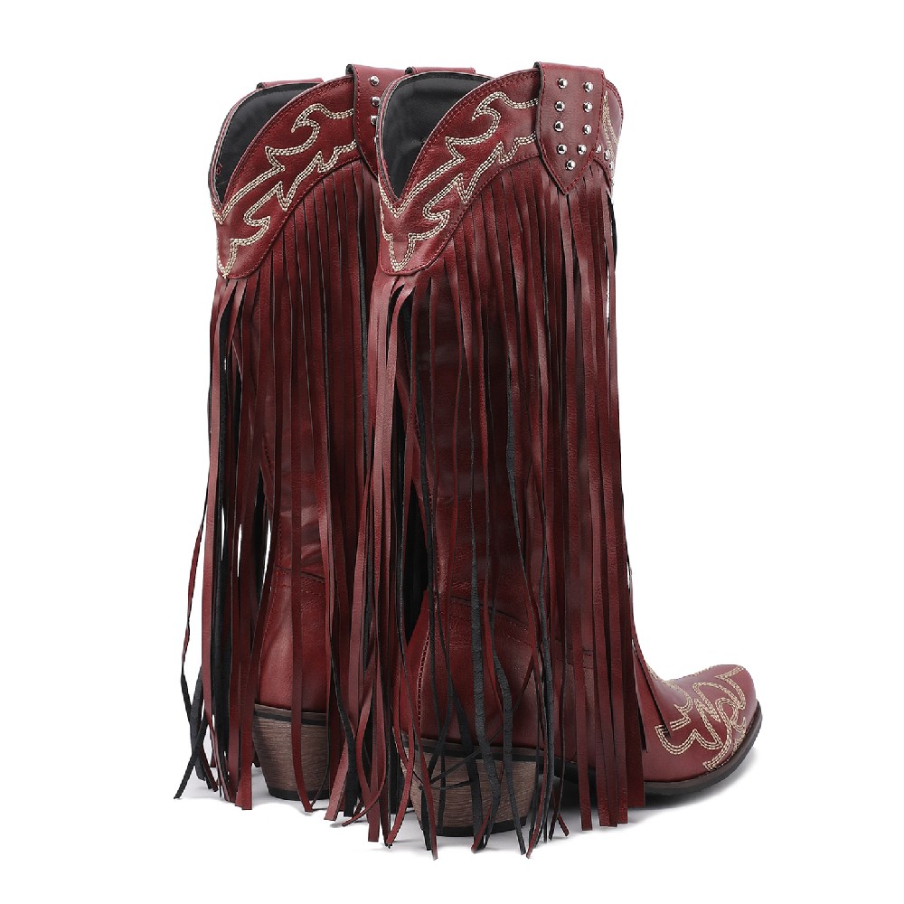Western Cowboy Mid-calf Boots  - Embroidery Red 评论和价格