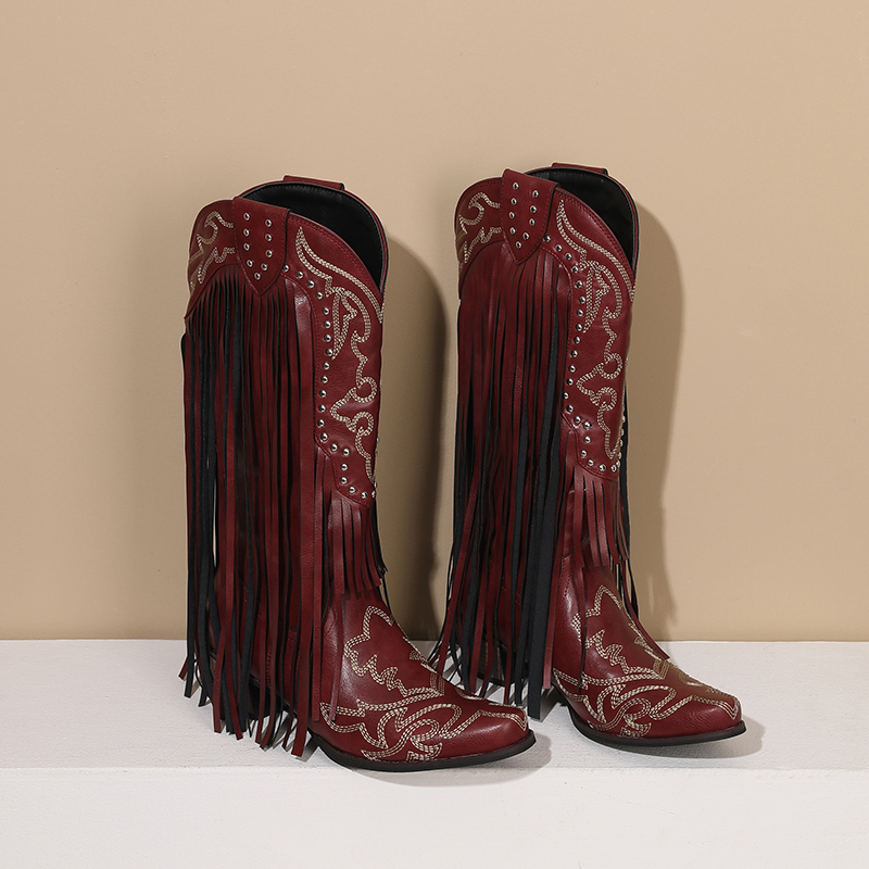 Western Cowboy Mid-calf Boots  - Embroidery Red 评论和价格