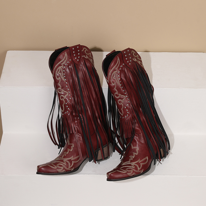 Western Cowboy Mid-calf Boots  - Embroidery Red 评论和价格