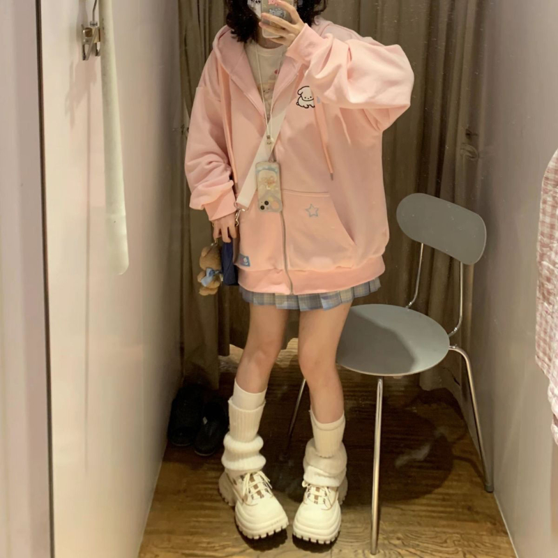 Japanese Kawaii Zip Up Hoodies - Embroidery Zip Up Hoodie 评论和价格